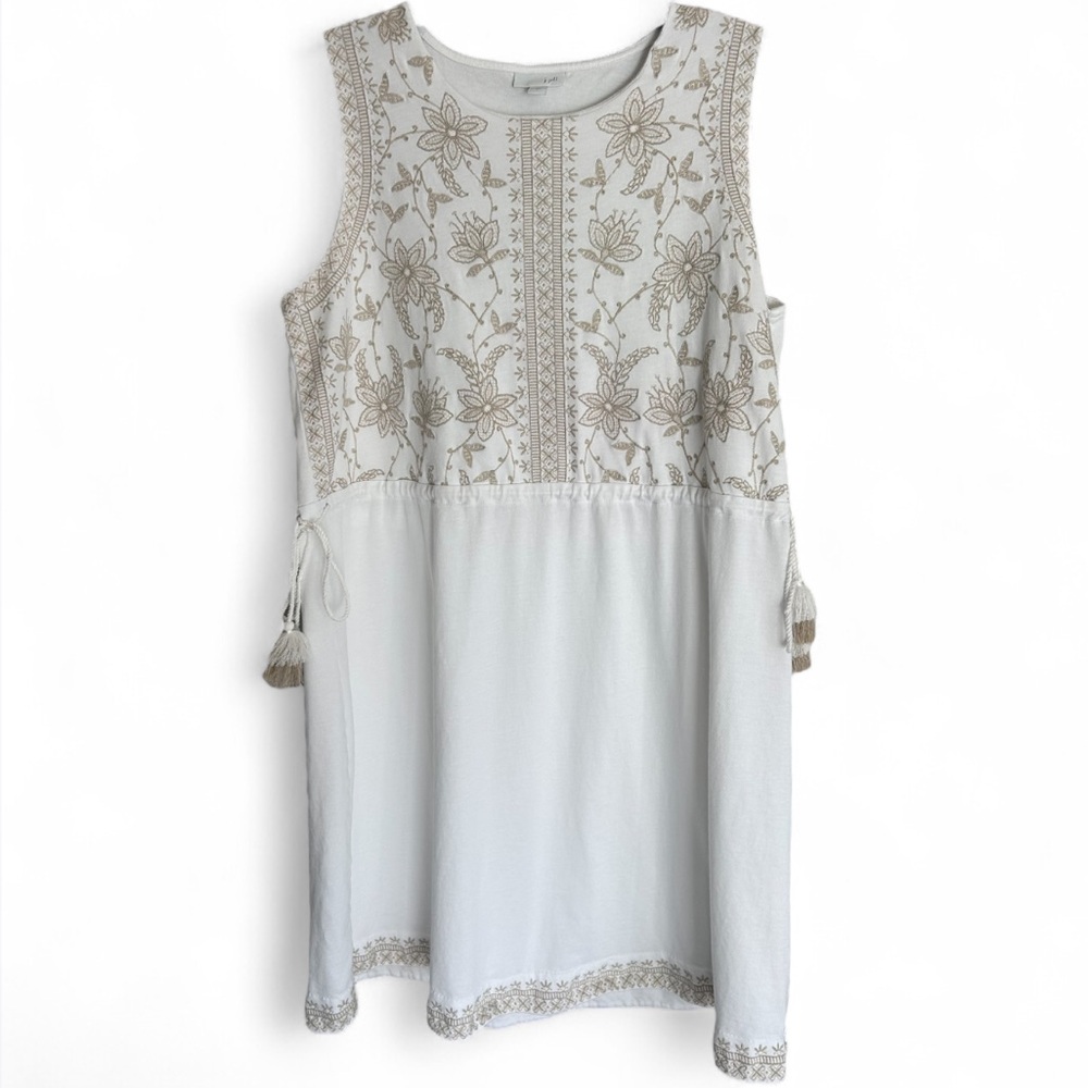 J. JILL Embroidered Sleeveless Tassle Dress Neutral Coastal Boho Cottage | Sz L